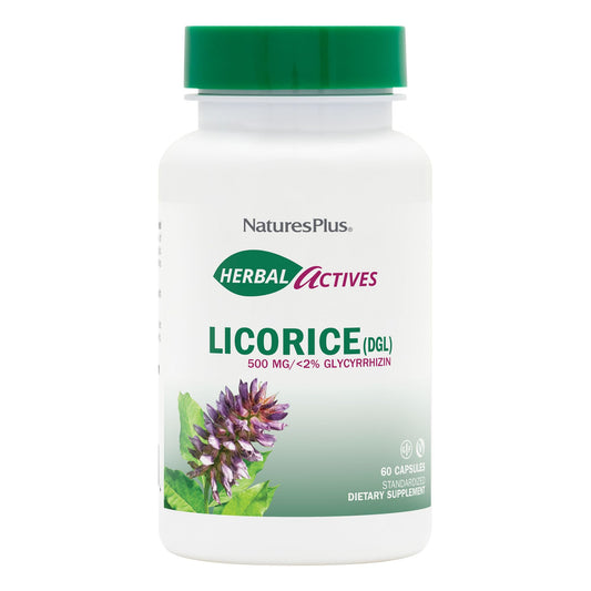 NaturesPlus Herbal Actives Licorice DGL bottle on shelf suggesting digestive support.