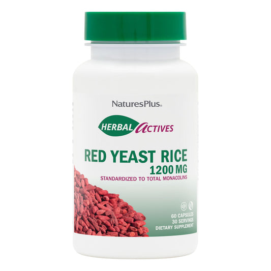 NaturesPlus Herbal Actives Red Yeast Rice 1200 mg bottle highlights vegan, non-GMO formulation