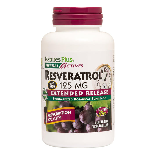 NaturesPlus Herbal Actives Resveratrol bottle front with extended-release tablets for daily vitality.