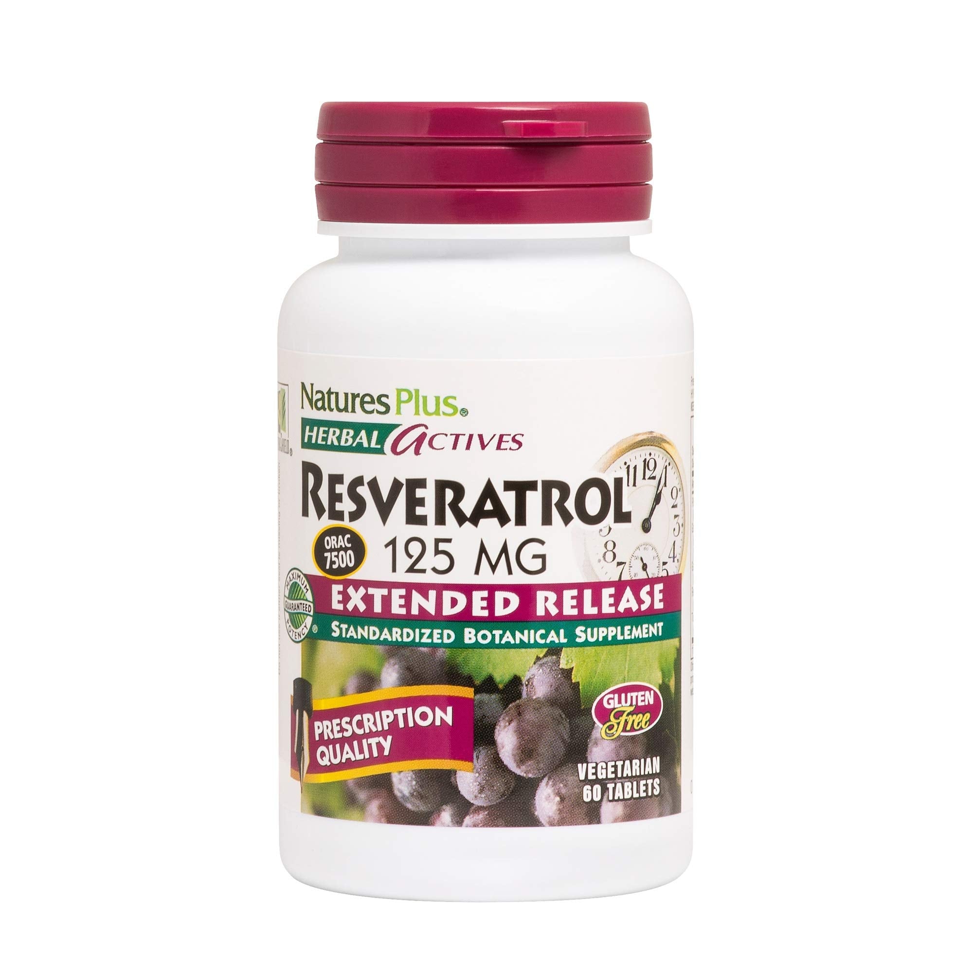NaturesPlus Herbal Actives Resveratrol bottle showing extended-release tablets for daily vitality