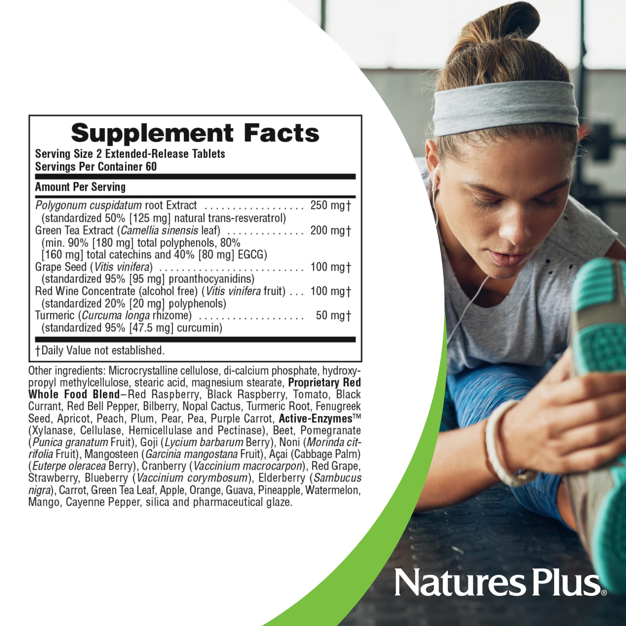 NaturesPlus Herbal Actives Resveratrol packaging box highlights quality manufacturing.