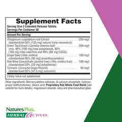 Close-up of NaturesPlus Herbal Actives Resveratrol tablets highlighting steady release