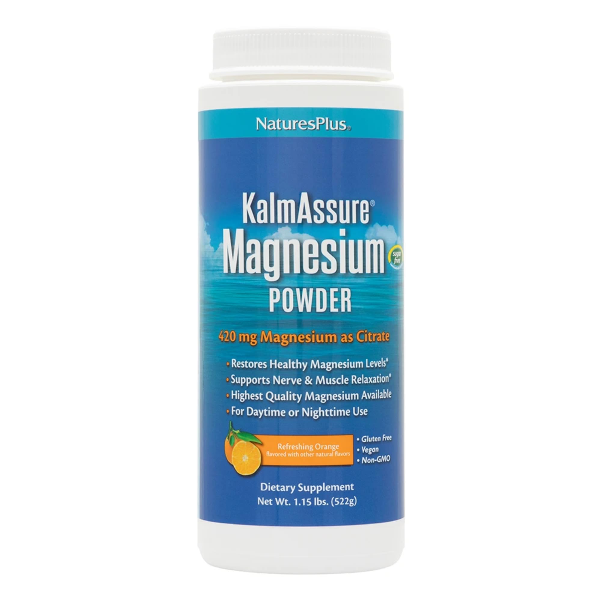 NaturesPlus KalmAssure bottle front label highlighting orange flavor for daily nerve and muscle support