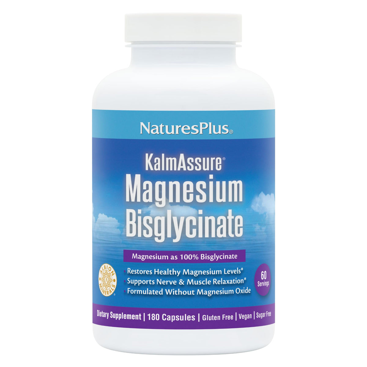 NaturesPlus KalmAssure magnesium bisglycinate capsules for relaxed nerves and muscles.