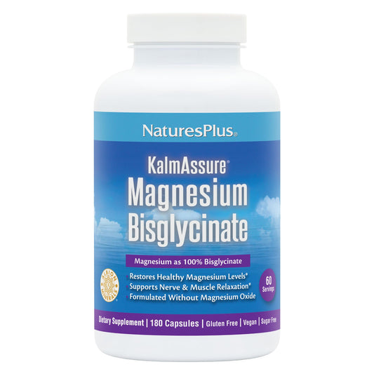 NaturesPlus KalmAssure magnesium bisglycinate capsules for relaxed nerves and muscles.