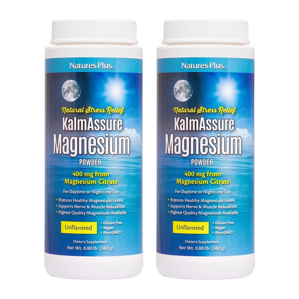 NaturesPlus KalmAssure magnesium powder bottle pour for calm daily balance.
