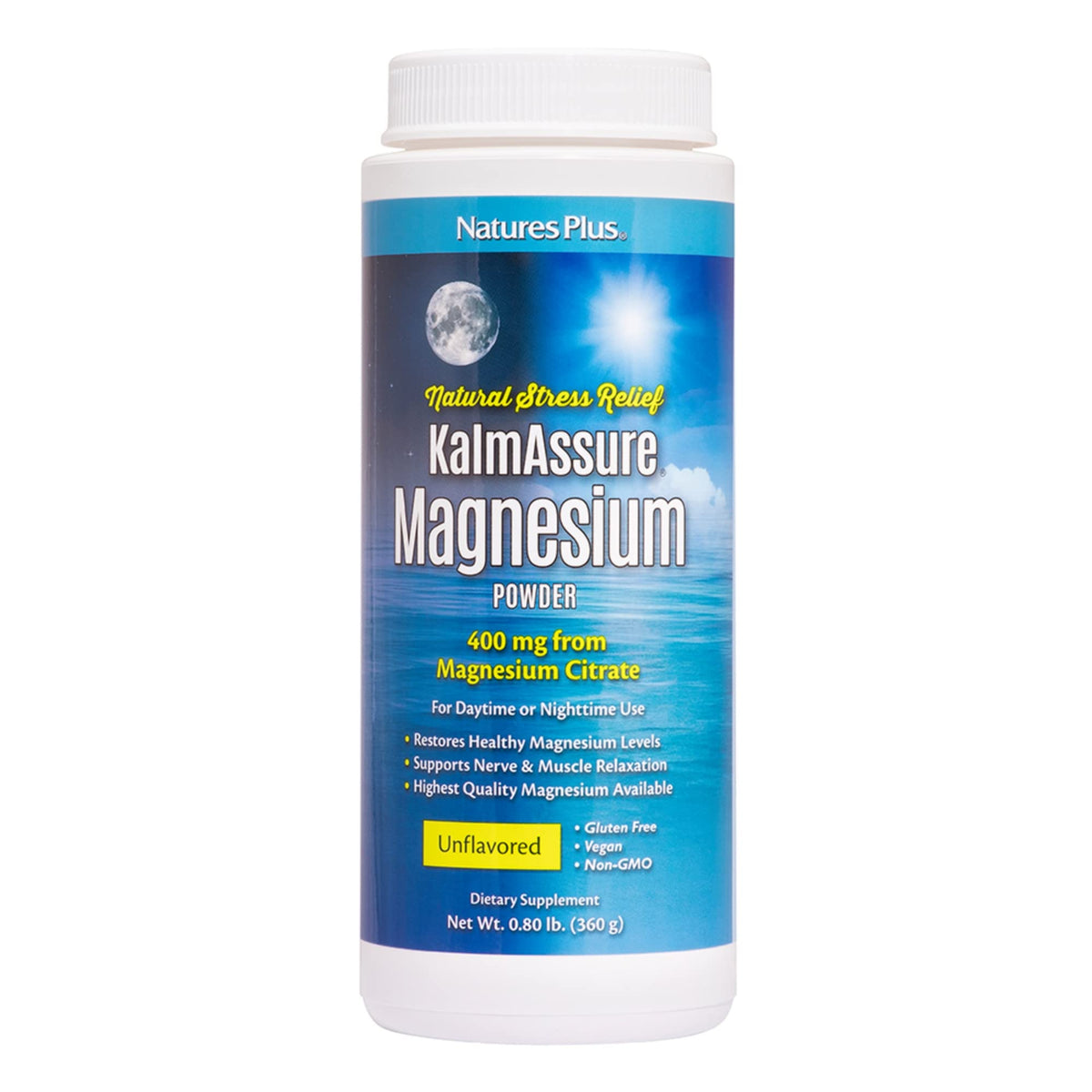 NaturesPlus KalmAssure magnesium powder bottle pour highlights calming support for nerves