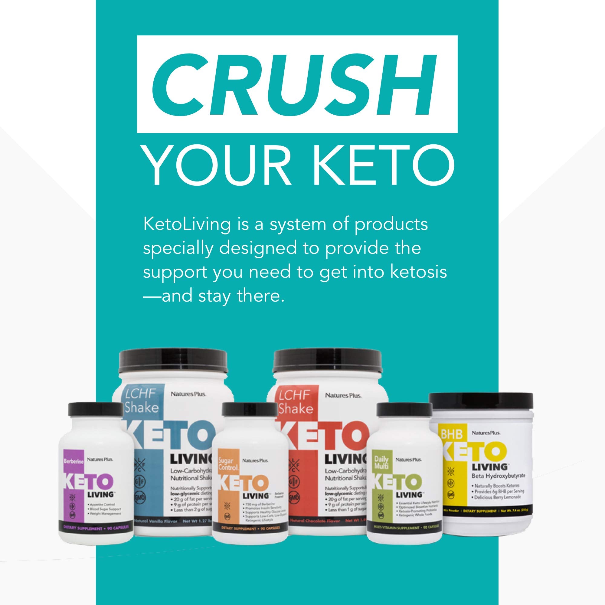 NaturesPlus KetoLiving bottle front shows gluten-free formulation and keto-friendly protein.