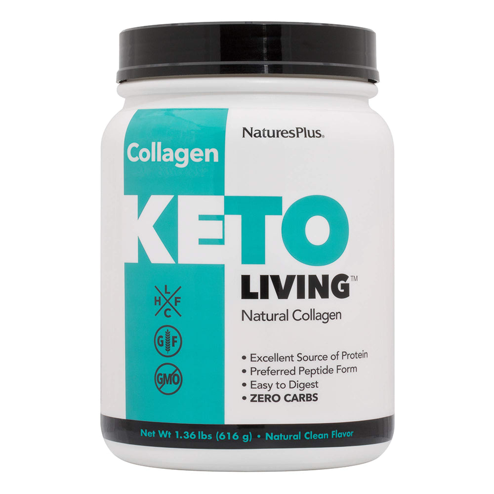 NaturesPlus KetoLiving collagen tub with unflavored powder, supports keto-friendly protein intake.