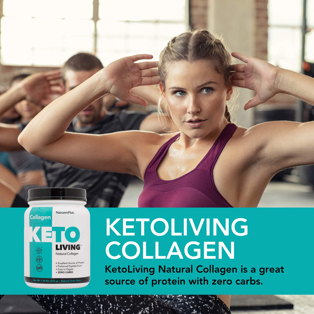 NaturesPlus KetoLiving unflavored powder bottle, ideal for shakes and recipes.