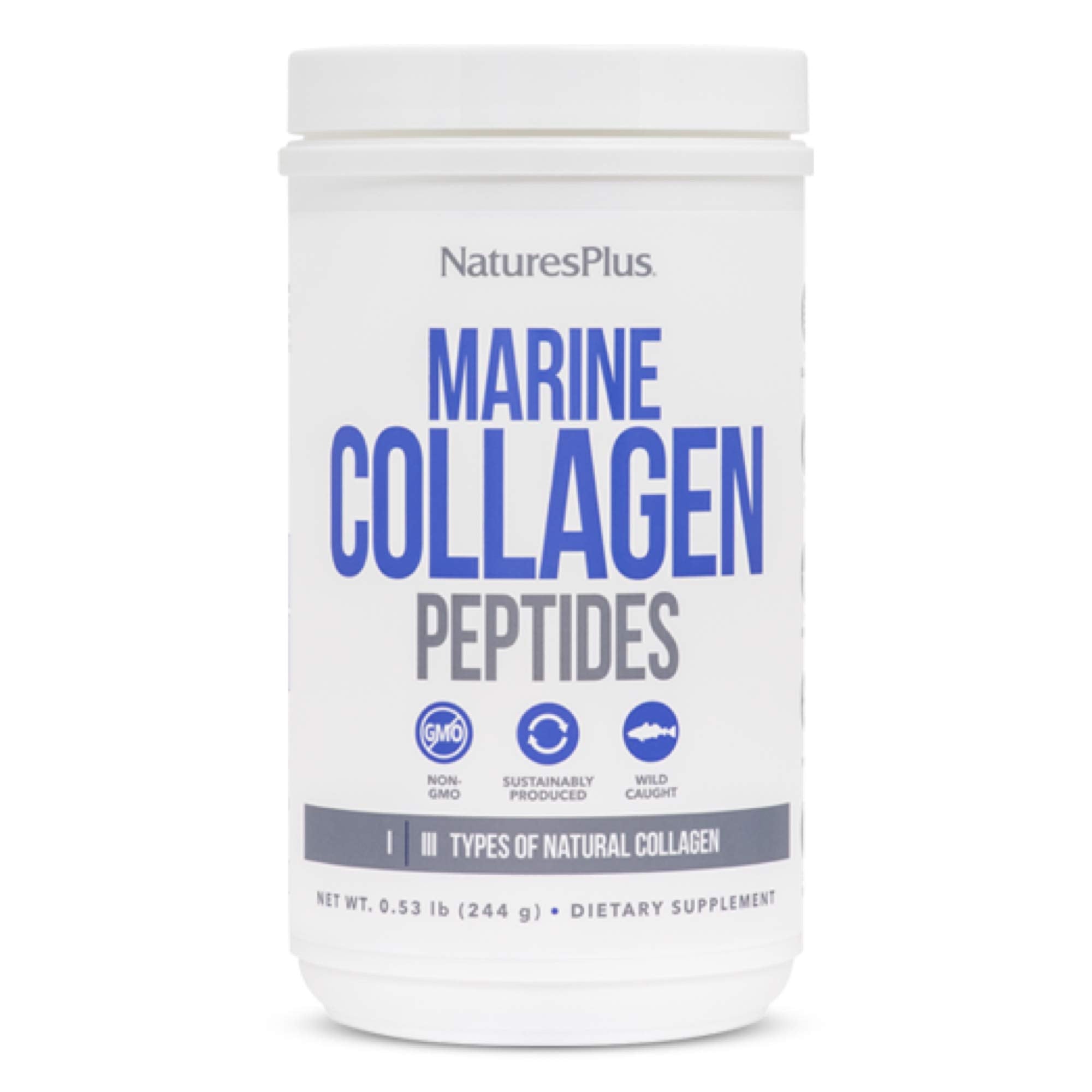 NaturesPlus Marine Collagen Peptides bottle, unflavored formula for daily hair, skin, and joint health.