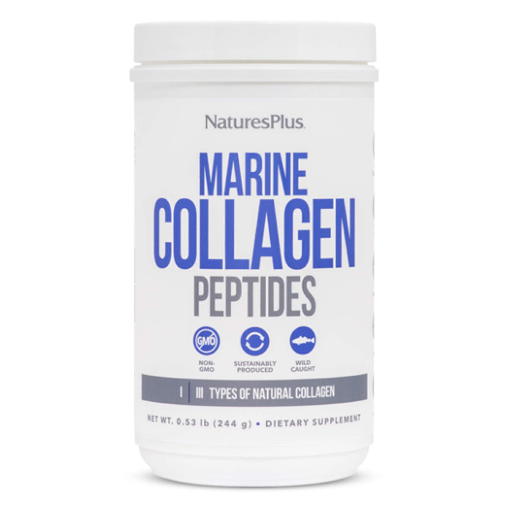 NaturesPlus Marine Collagen Peptides bottle, unflavored formula for daily hair, skin, and joint health.