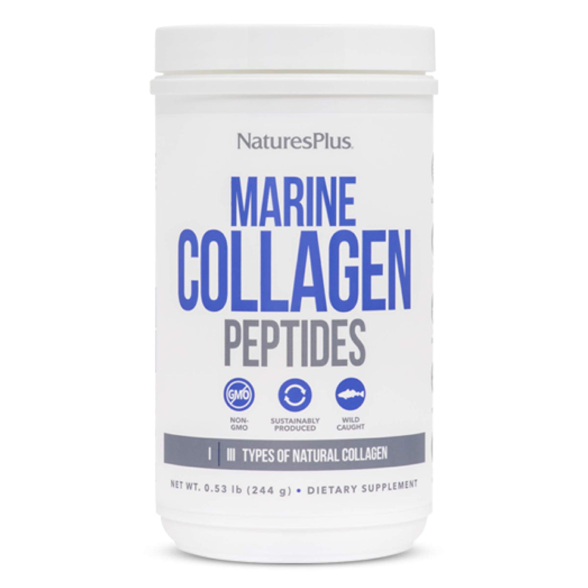 NaturesPlus Marine Collagen Peptides bottle, unflavored formula for daily hair, skin, and joint health.