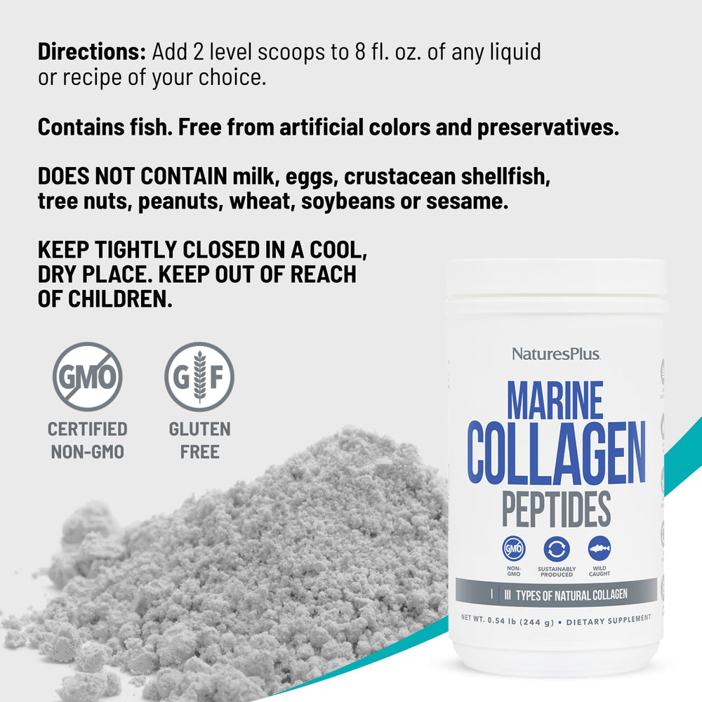 NaturesPlus Marine Collagen Peptides packaging emphasizes quality manufacturing.