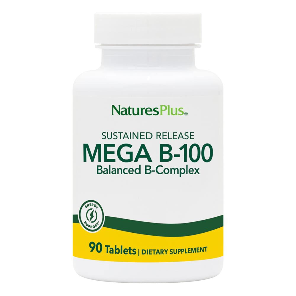 NaturesPlus Mega B-100 complex bottle highlights high-potency vitamins for sustained support.