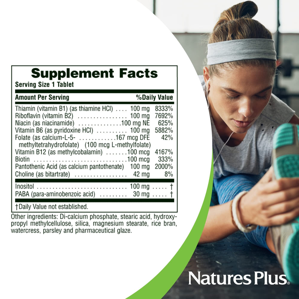 NaturesPlus Mega B-100 ingredients panel shows B1, B2, B6, B12, folate, biotin.