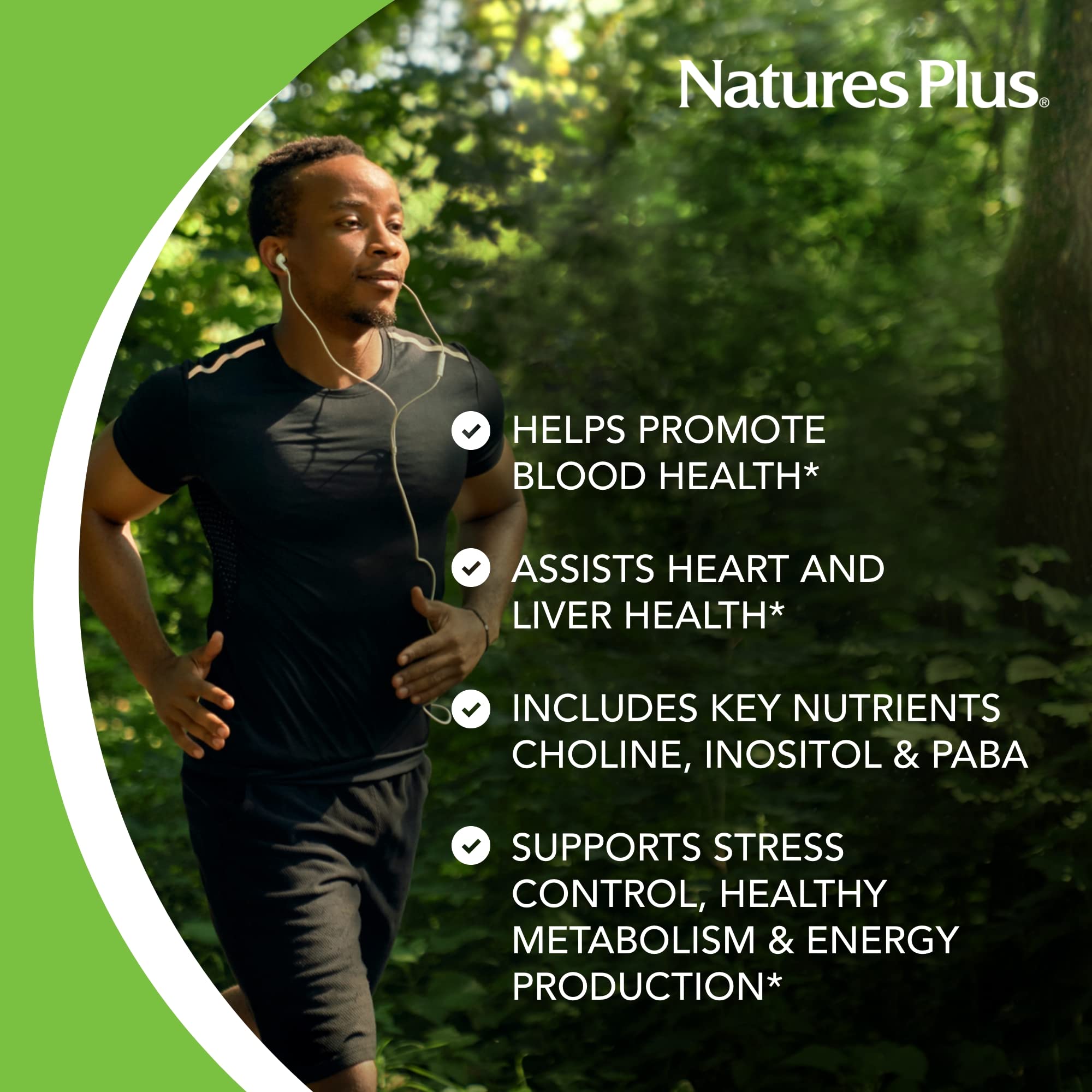 NaturesPlus Mega B-100 packaging highlights sustained-release tablets for gradual energy.