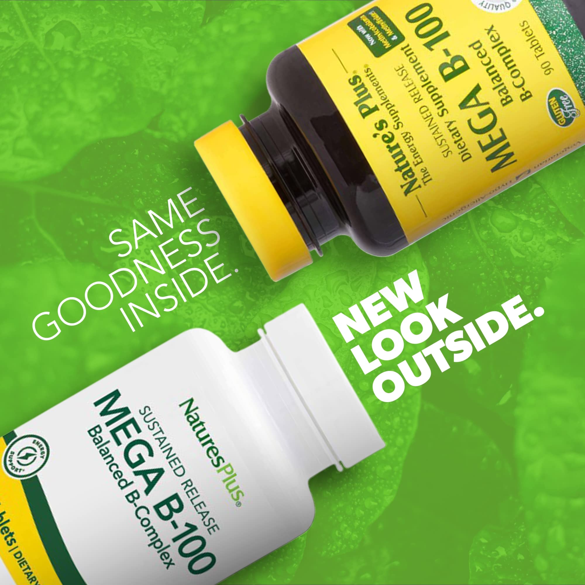 NaturesPlus Mega B-100 tablets close-up shows compact, easy-to-swallow design.