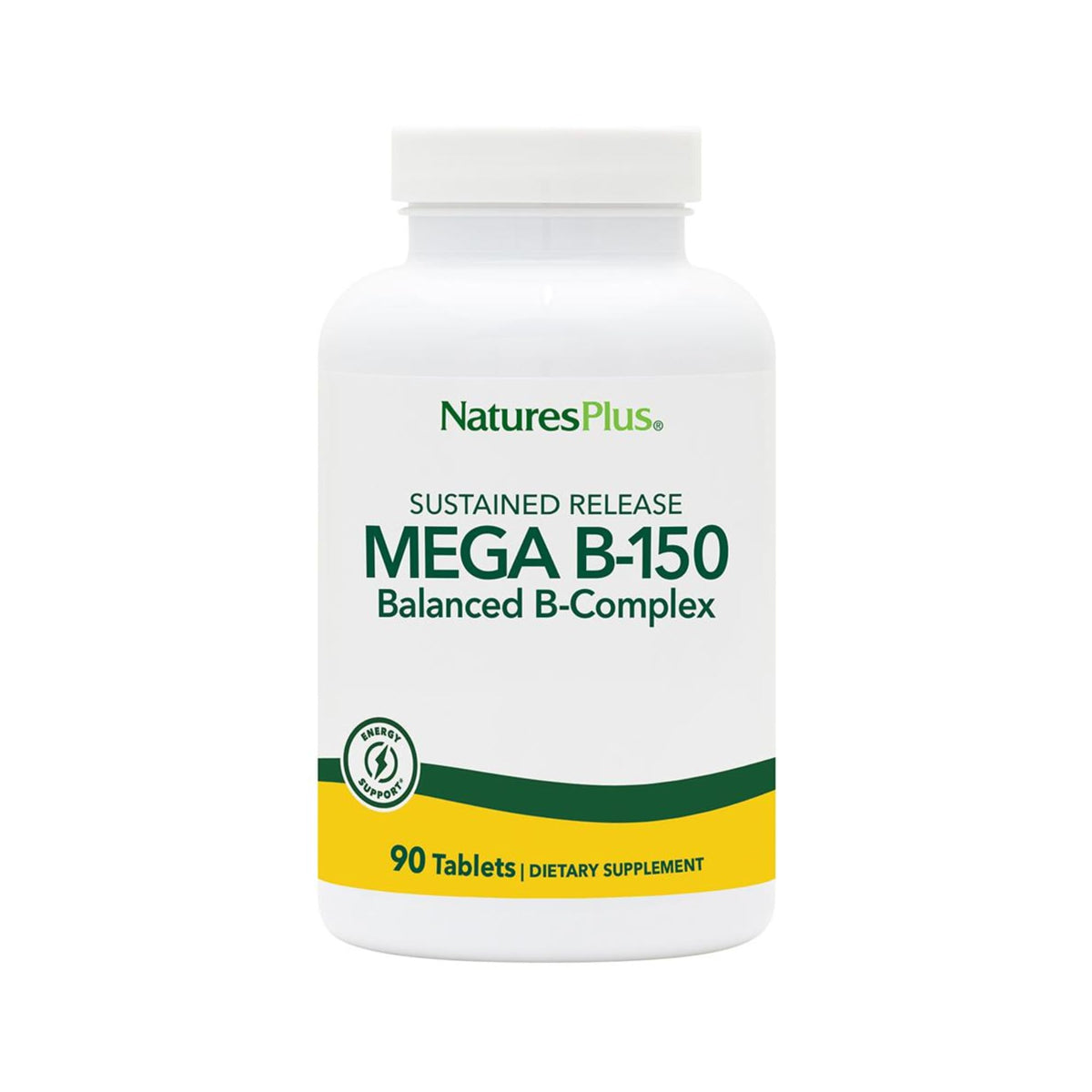 NaturesPlus Mega B-150 bottle and label showing balanced B-complex for daily energy