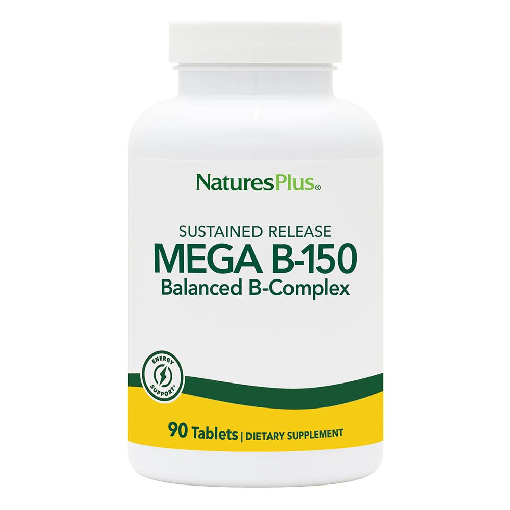 NaturesPlus Mega B-150 Complex bottle front with sustained-release formula.