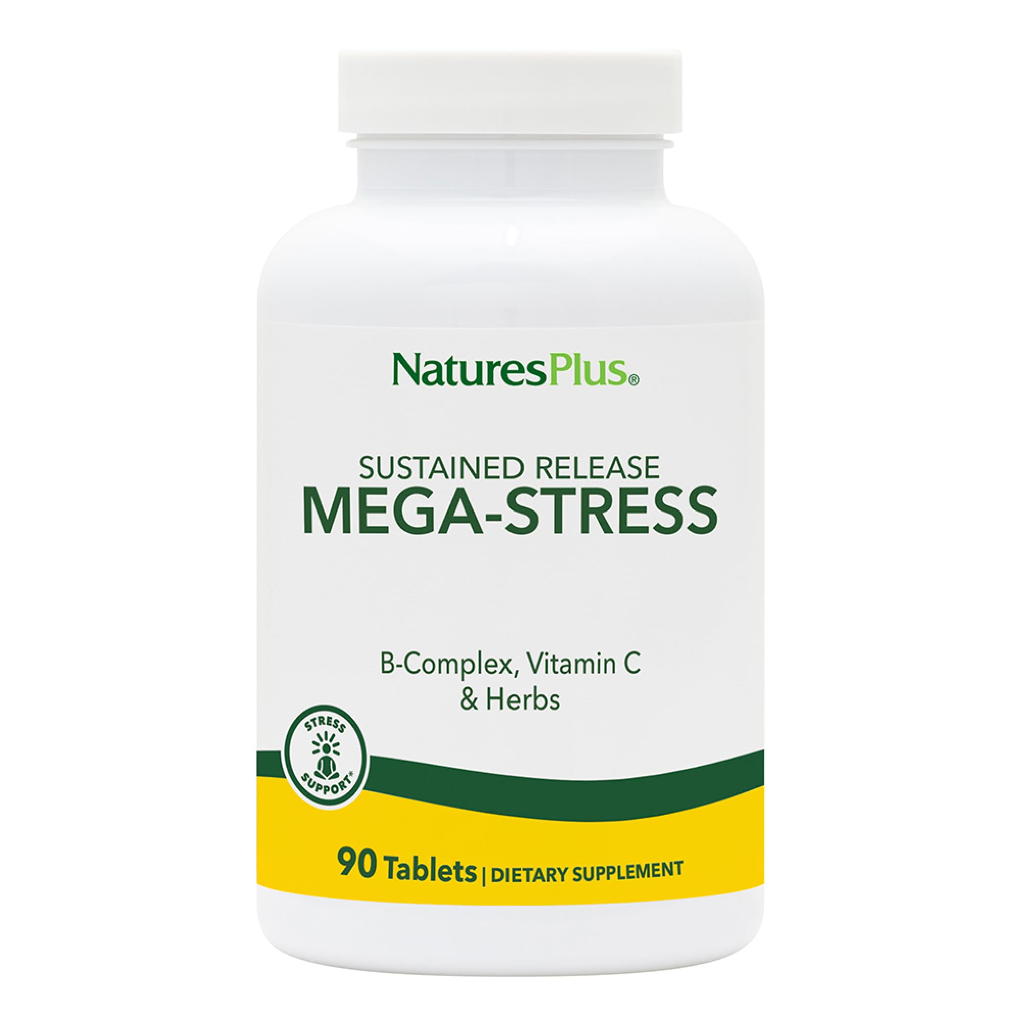 NaturesPlus Mega-Stress bottle front showing sustained-release formula for steady daytime support.