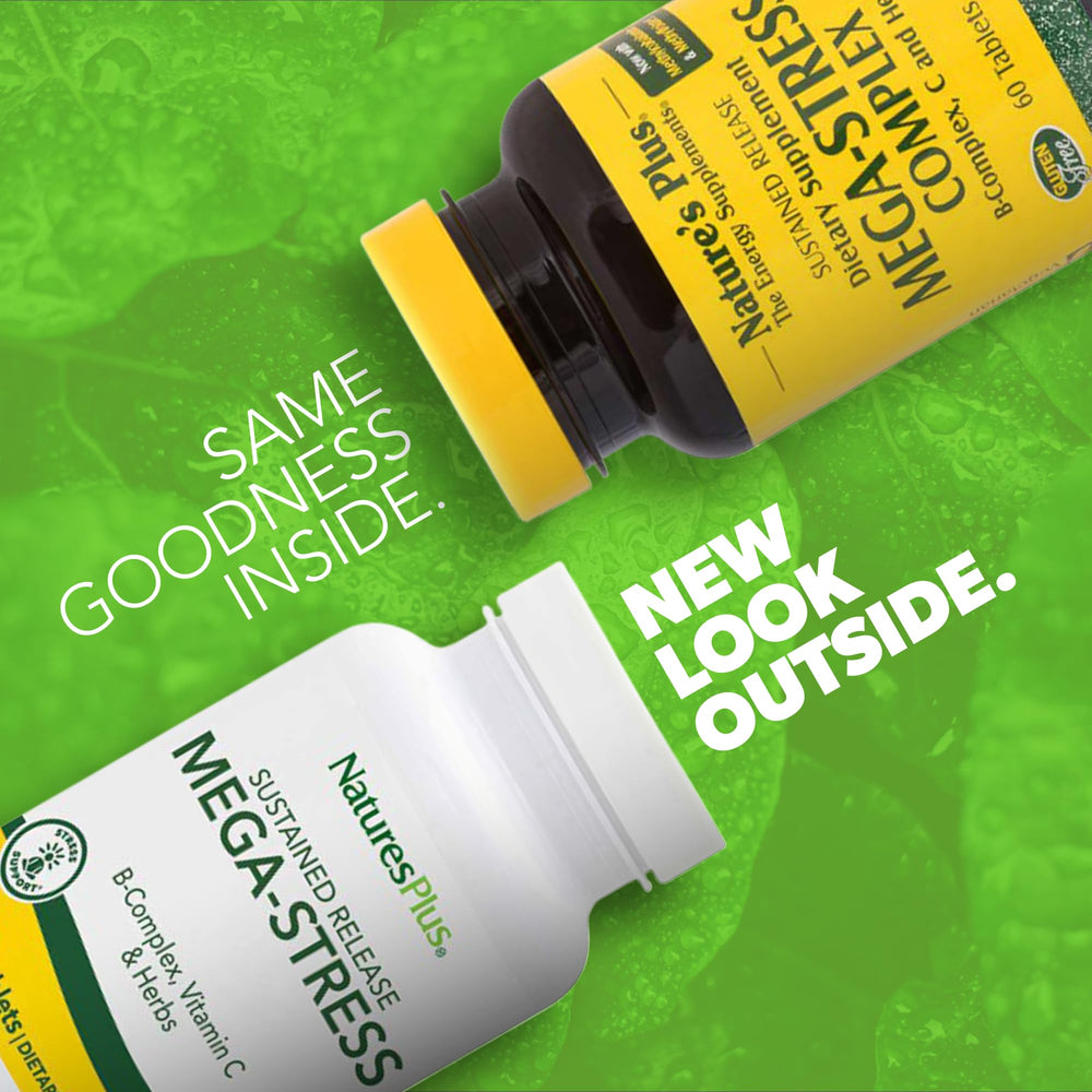 NaturesPlus Mega-Stress bottle open, easy access during hectic days.