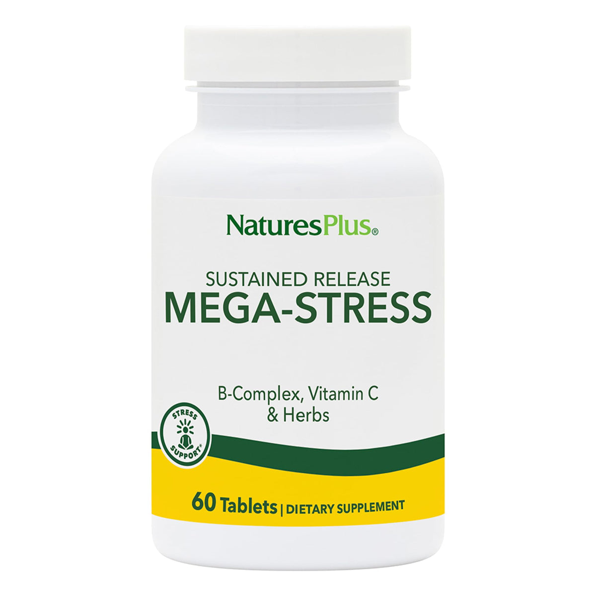 NaturesPlus Mega-Stress tablets front view, showcasing calm energy support.