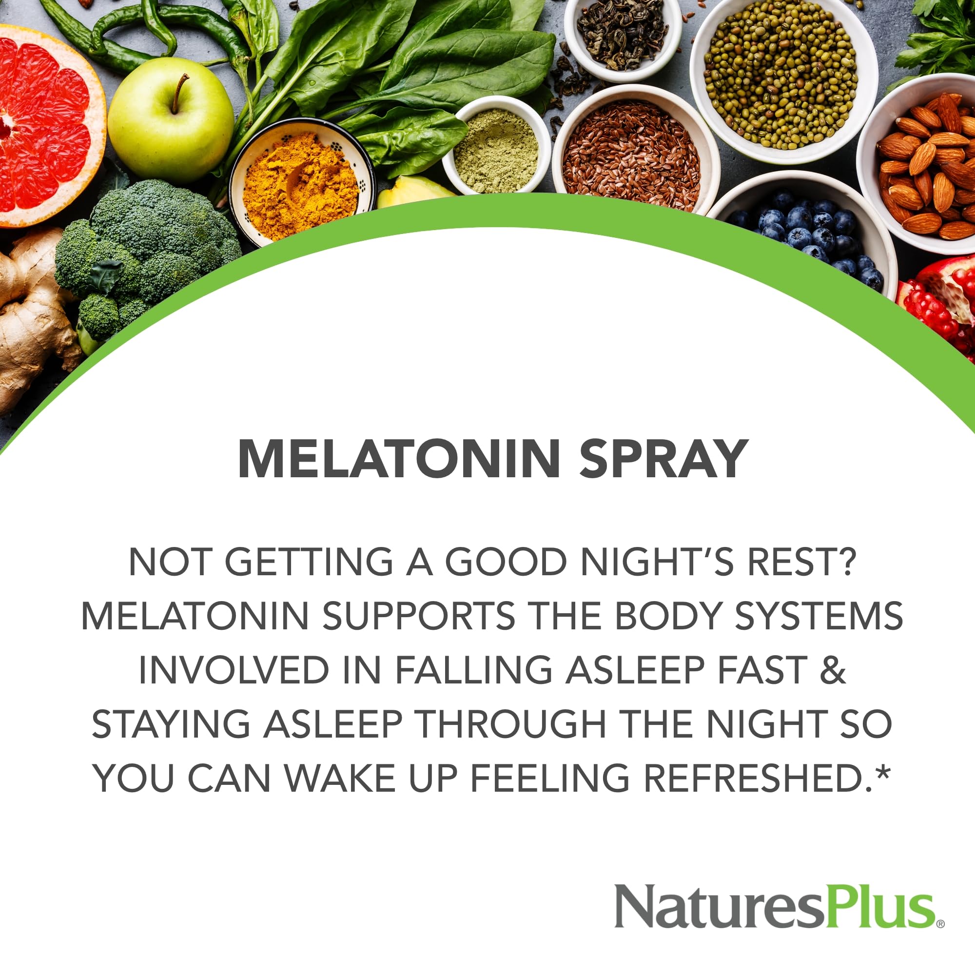 NaturesPlus Melatonin Spray pump-dispense shown for convenient application before bed.
