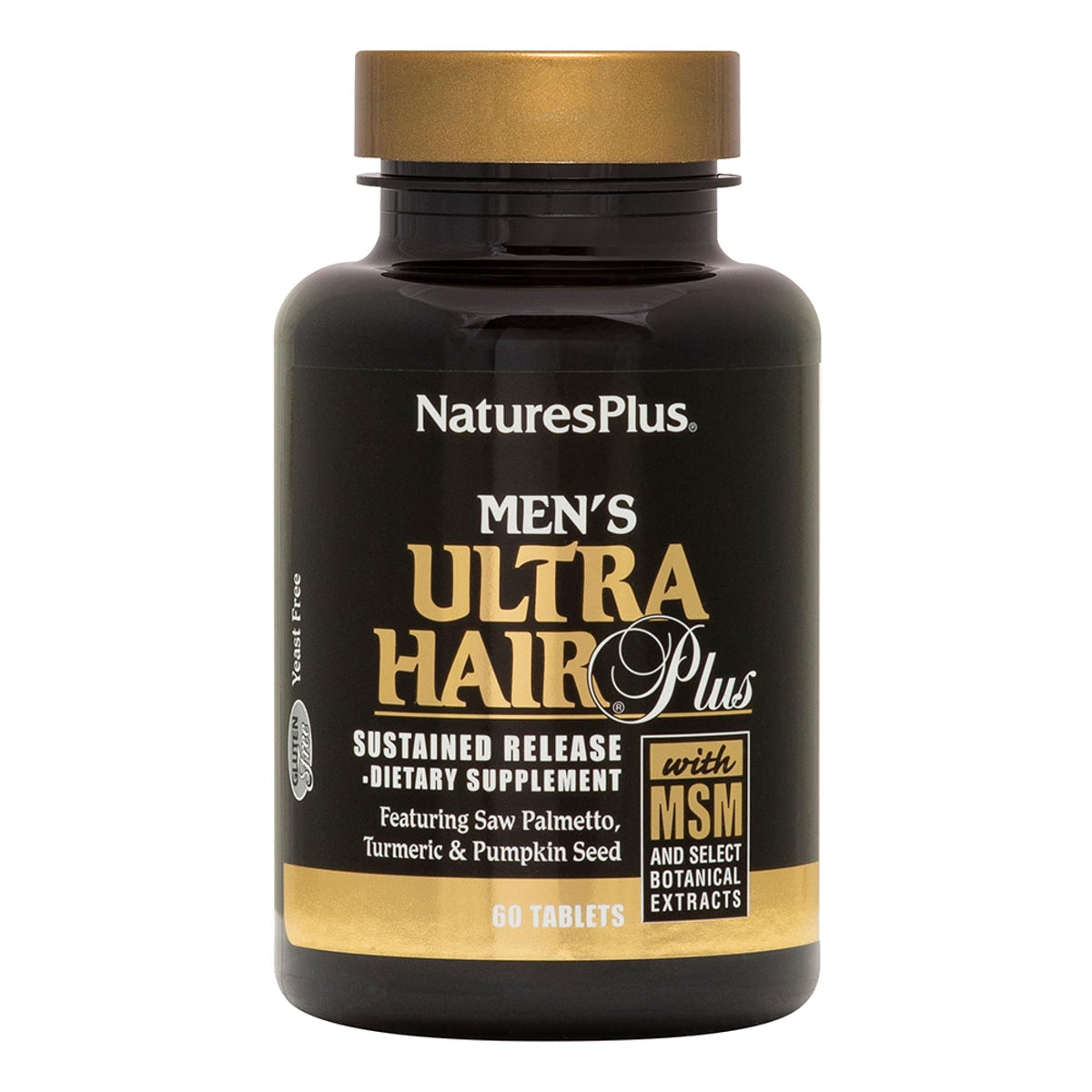 NaturesPlus Men's Ultra Hair Plus bottle close-up highlighting sustained-release hair support