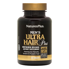 NaturesPlus Men's Ultra Hair Plus bottle close-up highlighting sustained-release hair support