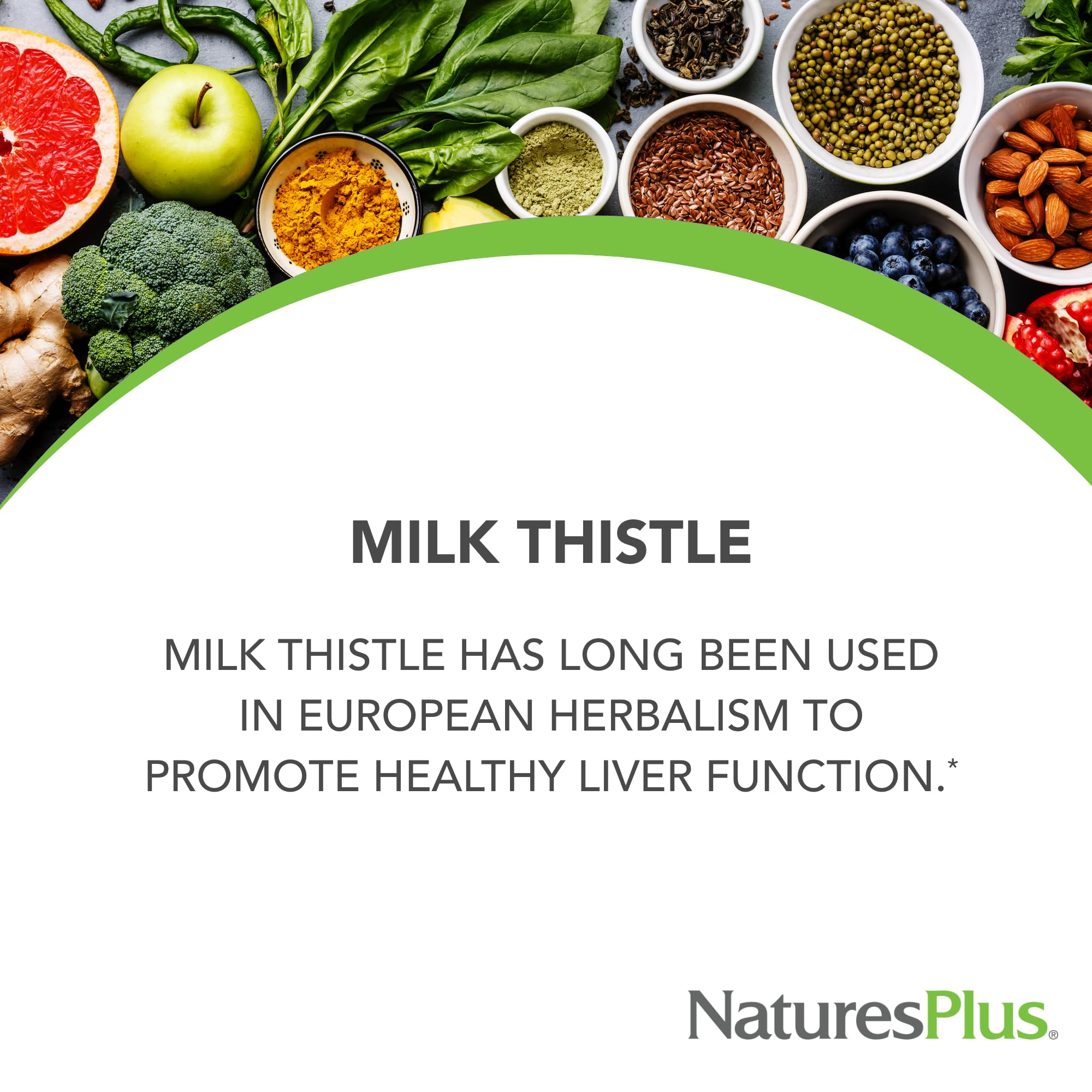 Close-up of NaturesPlus Milk Thistle tablets showing standardized potency