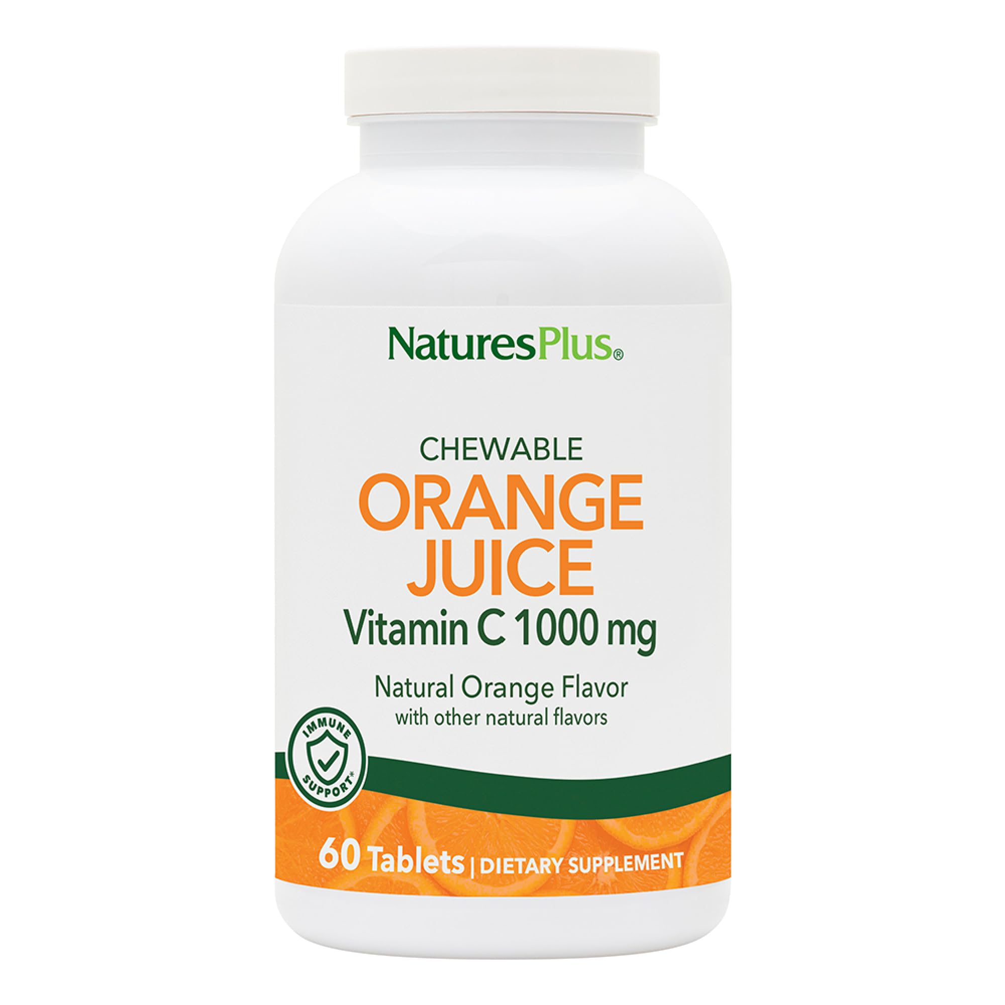 NaturesPlus Orange Juice chewable bottle shows high-potency vitamin C for daily support