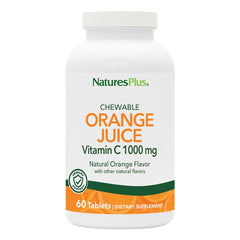 NaturesPlus Orange Juice chewable bottle shows high-potency vitamin C for daily support
