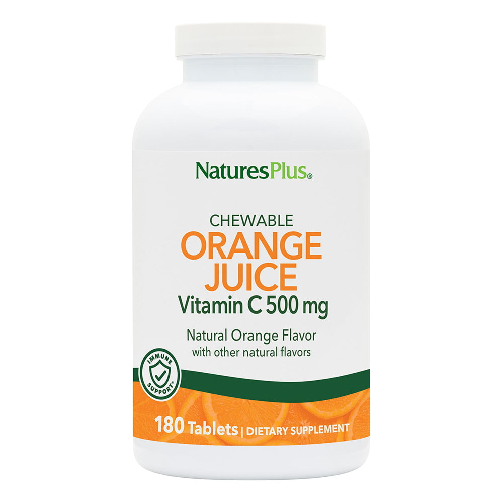 NaturesPlus Orange Juice chewables bottle, convenient daily vitamin C source.