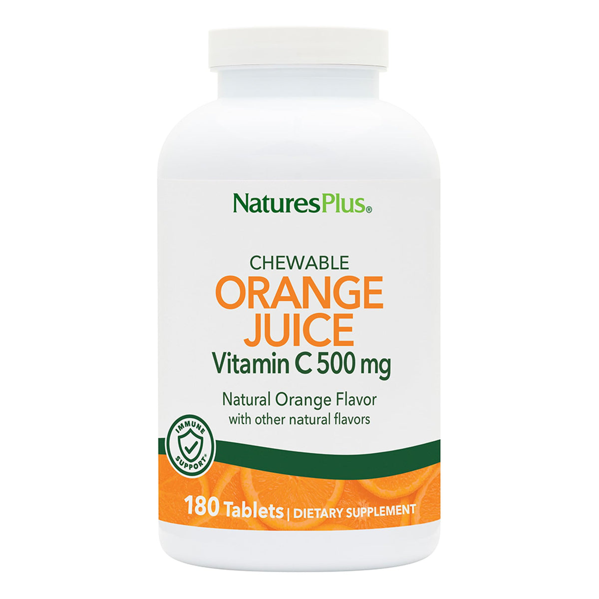NaturesPlus Orange Juice chewables bottle, convenient daily vitamin C source.