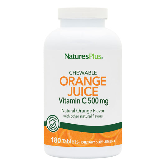 NaturesPlus Orange Juice chewables bottle, convenient daily vitamin C source.
