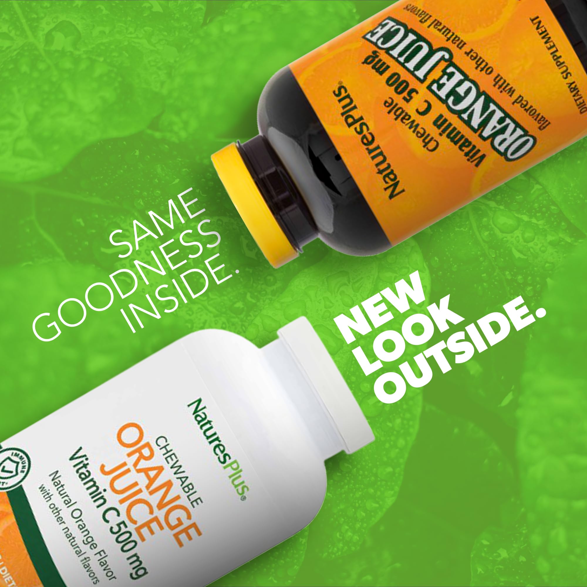 Closeup of NaturesPlus Orange Juice chewables, orange-flavored daily vitamin C.
