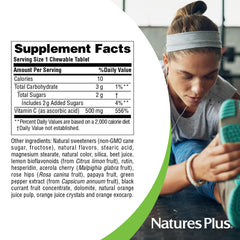 Bright orange flavor of NaturesPlus chewables, tasty daily vitamin C option.