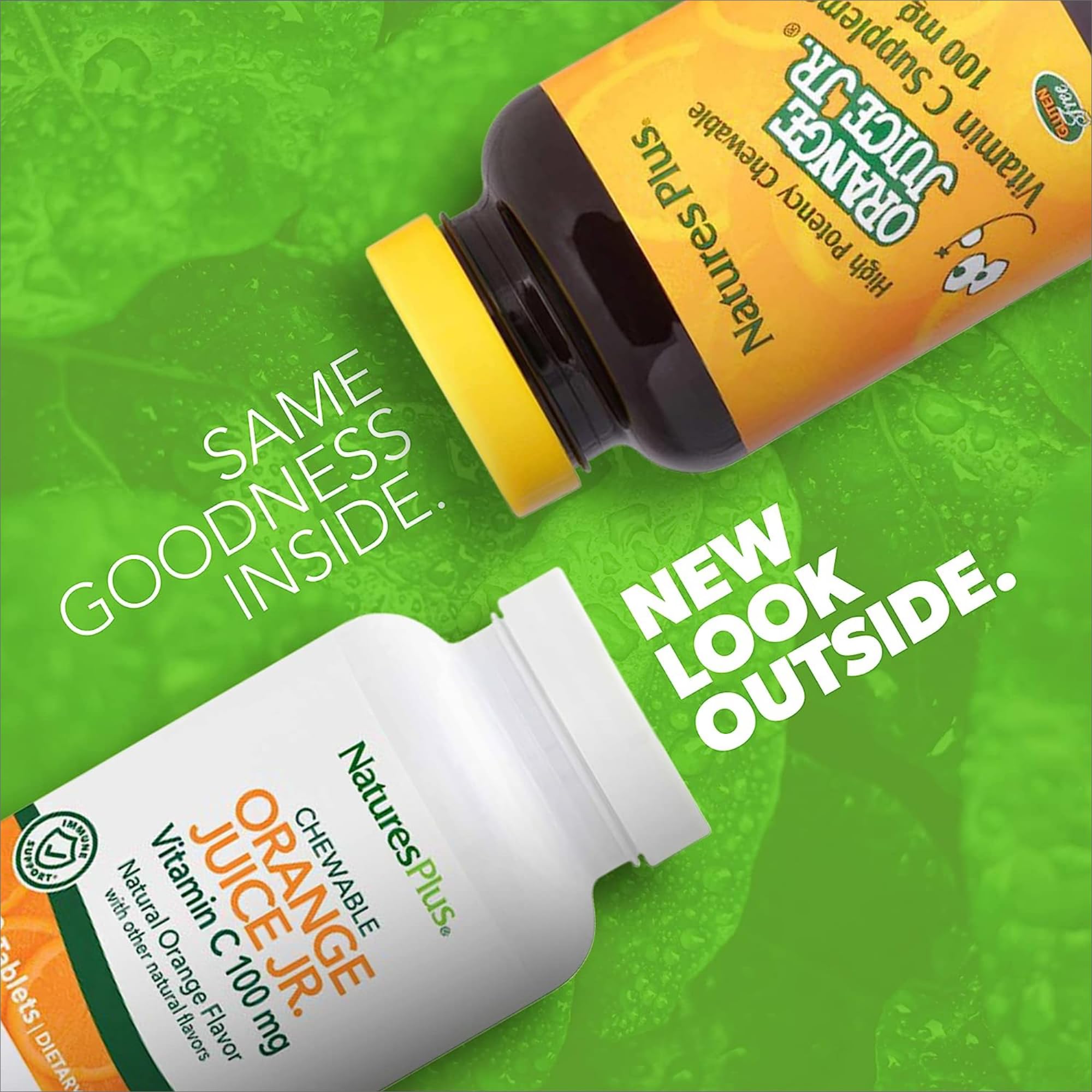NaturesPlus Orange Juice Jr. chewables with oval tablets ready for kids' daily vitamin C.