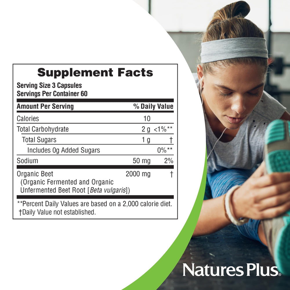 NaturesPlus Organic Beet packaging front emphasizing vegan and gluten-free promise.