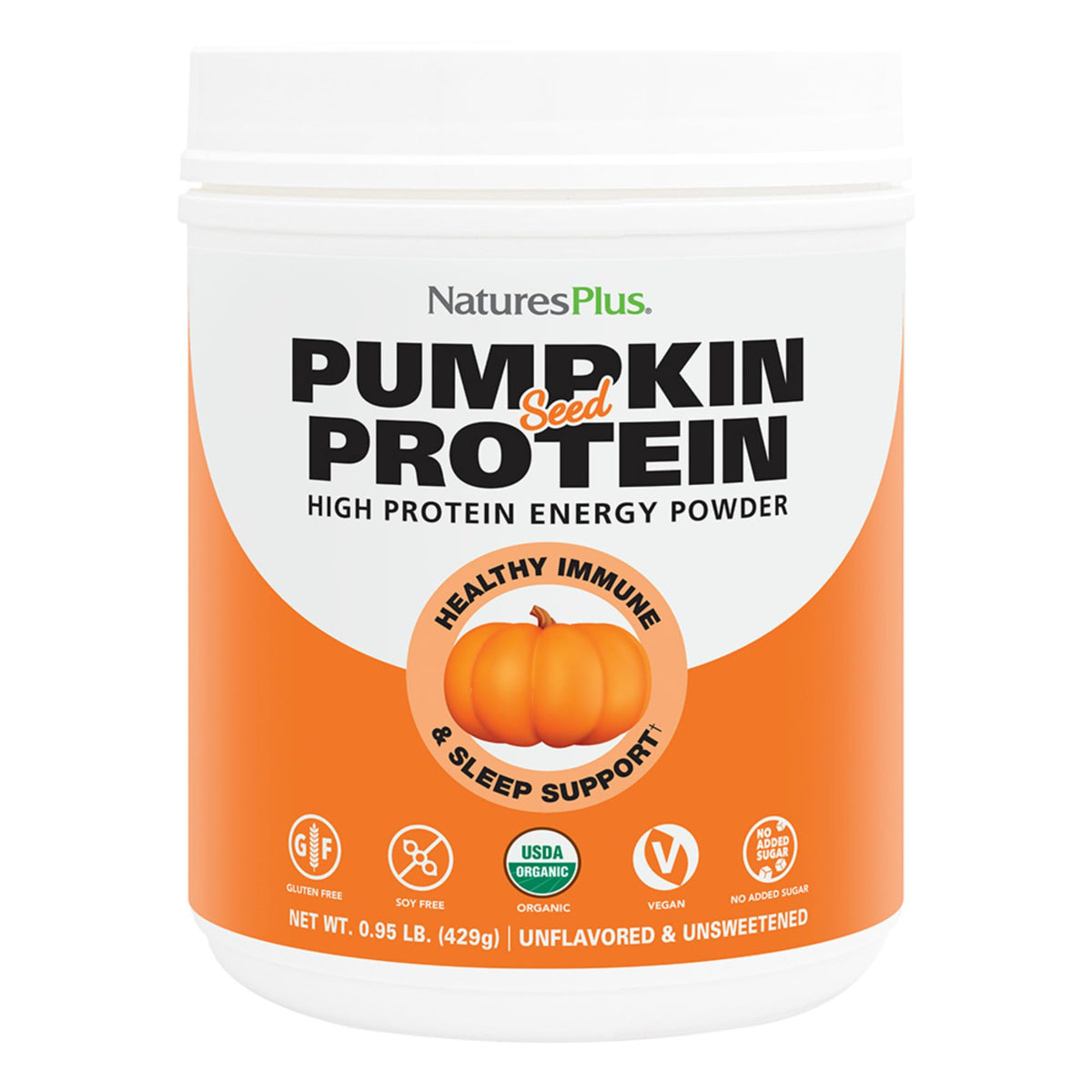 NaturesPlus Organic Pumpkin Seed Protein Powder bottle front, plant-based protein for everyday strength.