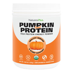 NaturesPlus Organic Pumpkin Seed Protein Powder bottle front, plant-based protein for everyday strength.