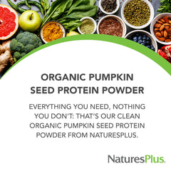 NaturesPlus Organic Pumpkin Seed Protein Powder label showing non-GMO and gluten-free assurance.