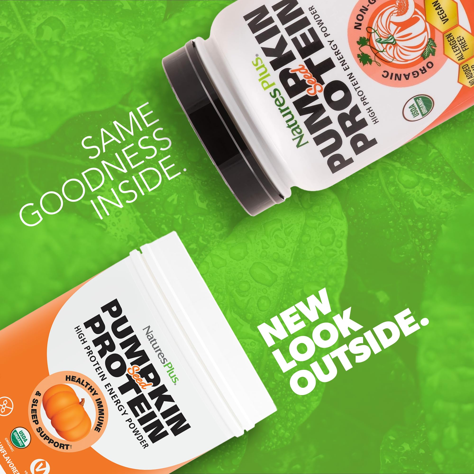 NaturesPlus scoop of pumpkin seed powder close-up, easy to mix into smoothies.