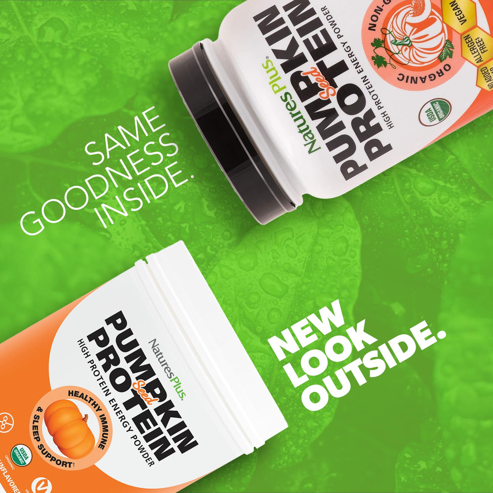 NaturesPlus scoop of pumpkin seed powder close-up, easy to mix into smoothies.