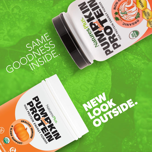 NaturesPlus scoop of pumpkin seed powder close-up, easy to mix into smoothies.