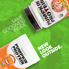 NaturesPlus scoop of pumpkin seed powder close-up, easy to mix into smoothies.