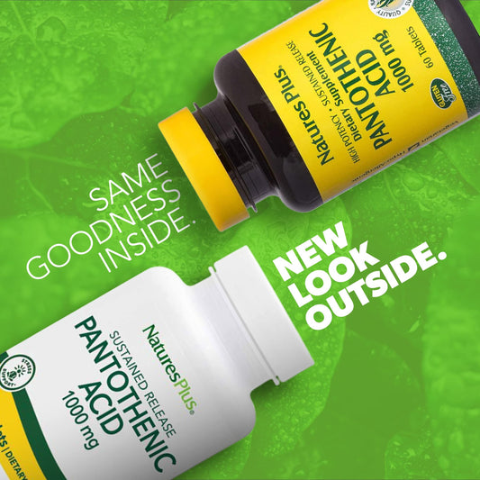 NaturesPlus Pantothenic Acid bottle back label detailing ingredients and standards