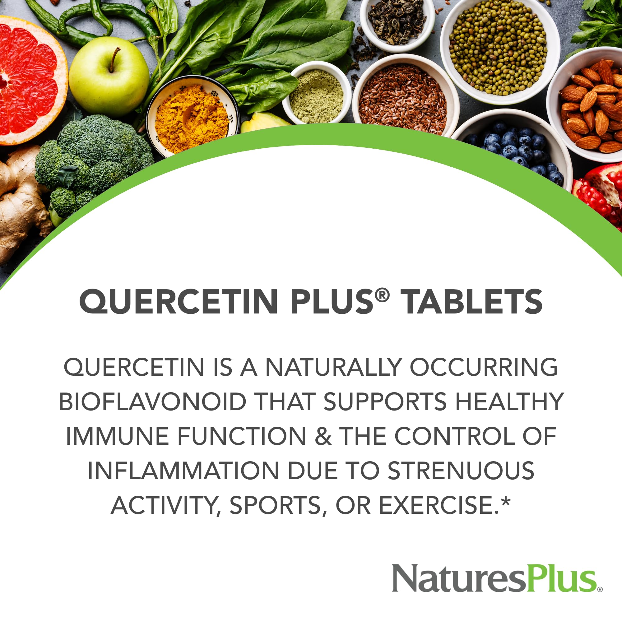 NaturesPlus Quercetin Plus tablets arranged for daily use.
