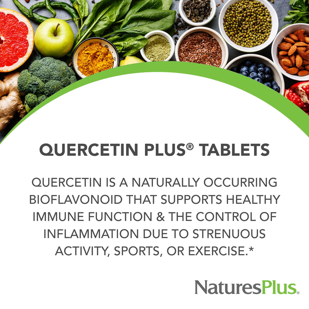NaturesPlus Quercetin Plus tablets arranged for daily use.